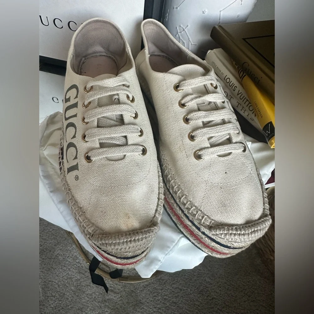 Gucci Lillibeth Lace Up Platform Espadrilles Canvas Shoes - Picture 5 of 10